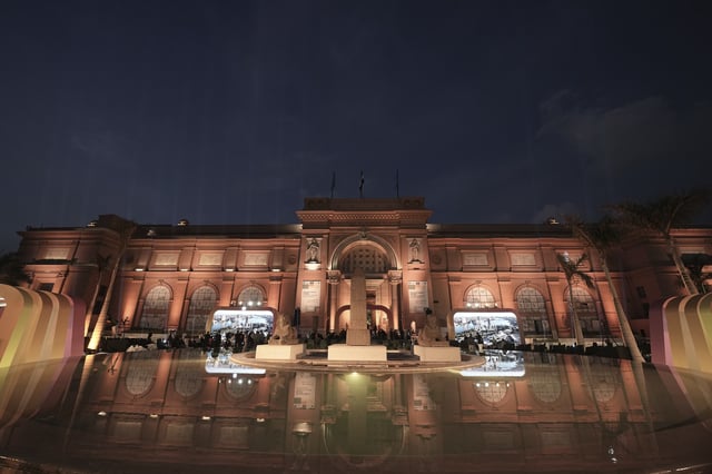 FILE - The Egyptian museum in Cairo is illuminated marking the "Launching of the Interactive Mobile Application to Promote Egyptian Antiquities" project in Cairo, Monday, Nov. 11, 2024. (AP Photo/Amr Nabil, File)