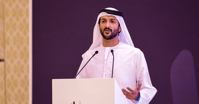Abdullah bin Touq, UAE Minister of Economy and Tourism, speaks about a new initiative to develop Emirati SMEs, during a press conference in Abu Dhabi.  Victor Besa/ The National
