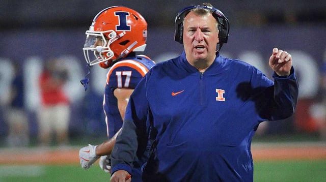 Sep 13, 2025; Champaign, Illinois, USA; Illinois Fighting Illini head coach Bret Bielema reacts during the second half against the Western Michigan Broncos at Memorial Stadium. Mandatory Credit: Ron Johnson-Imagn Images