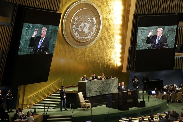 President Donald Trump speaks in his first address to the United Nations General Assembly in New York, Sept. 19, 2017. 