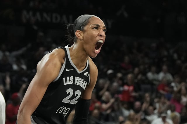 Sep 18, 2025; Las Vegas, Nevada, USA; Las Vegas Aces center A'ja Wilson (22) reacts to a play against the Seattle Storm in the third quarter during game three of round one for the 2025 WNBA Playoffs at Michelob Ultra Arena. Mandatory Credit: Candice Ward-Imagn Images/File Photo