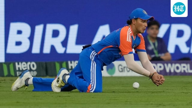 India's Abhishek Sharma drops the catch of Pakistan's Sahibzada Farhan.
