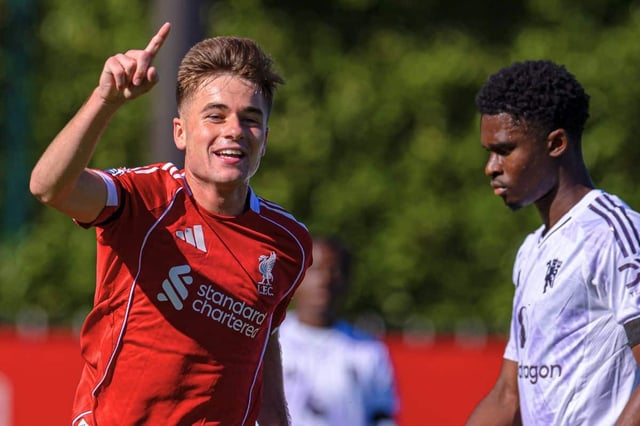 KIRKBY, ENGLAND - Sunday, September 21, 2025: Liverpool's Michael Laffey celebrates after scoring the opening goal during the Premier League 2 match between Liverpool FC Under-21's and Manchester United FC Under-21's at the Liverpool Academy. (Photo by David Rawcliffe/Propaganda)
