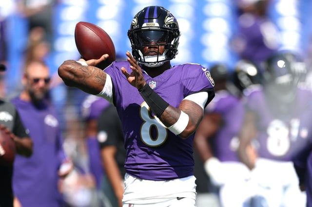 BALTIMORE, MARYLAND - SEPTEMBER 14: Lamar Jackson #8 of the Baltimore Ravens warms up prior to the game against the Cleveland Browns at M&T Bank Stadium on September 14, 2025 in Baltimore, Maryland. (Photo by Ishika Samant/Getty Images)