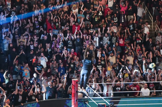 HOUSTON, TEXAS - MARCH 11: Jey Uso interacts with the crowd during WWE Monday Night RAW at Toyota Center on March 11, 2024 in Houston, Texas.
