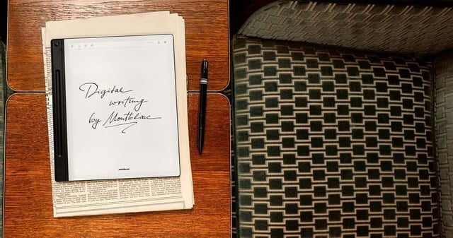 Montblanc Digital Paper e-ink tablet on a table in a train car.