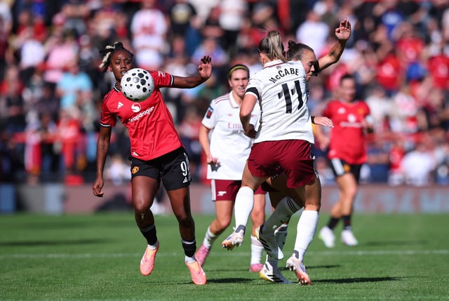 Soccer Football - Women's Super League - Manchester United v Arsenal - Leigh Sports Village, Leigh, Britain - September 21, 2025 Arsenal's Katie McCabe in action with Manchester United's Melvine Malard Action Images via Reuters/Craig Brough