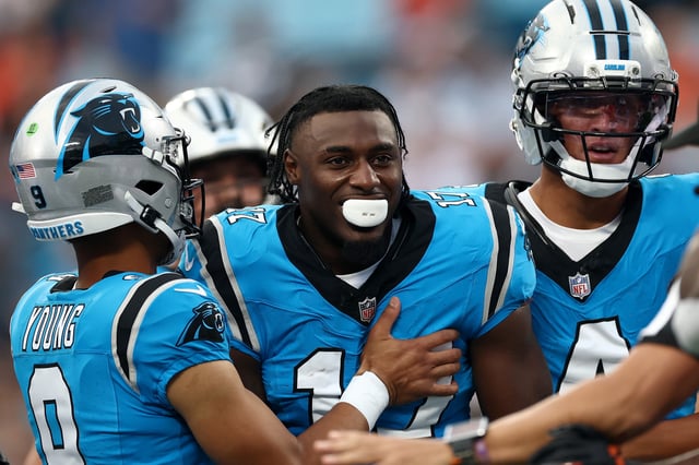 CHARLOTTE, NORTH CAROLINA - AUGUST 08: Wide receiver Xavier Legette #17 of the Carolina Panthers reacts after an altercation with safety Rayshawn Jenkins #28 of the Cleveland Browns in the first half during the NFL Preseason 2025 game at Bank of America Stadium on August 08, 2025 in Charlotte, North Carolina.