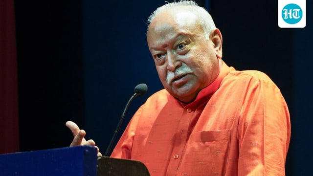 Rashtriya Swayamsevak Sangh (RSS) chief Mohan Bhagwat speaks at the launch of the book 'Everything All At Once: India and the Six Simultaneous Global Transitions', in New Delhi.