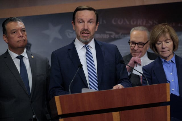 Senator Chris Murphy, a Connecticut Democrat, speaks at the podium at the U.S. Capitol on September 18 in Washington, D.C.