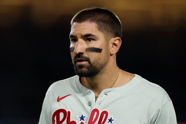 LOS ANGELES, CALIFORNIA - SEPTEMBER 17: Nick Castellanos #8 of the Philadelphia Phillies looks on against the Los Angeles Dodgers at Dodger Stadium on September 17, 2025 in Los Angeles, California.