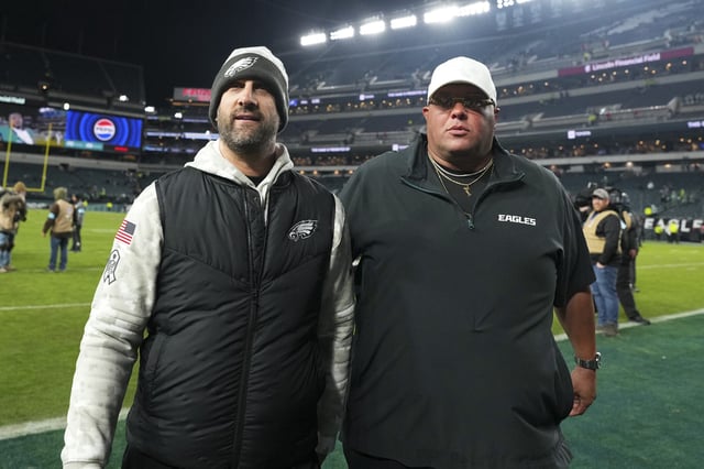Head coach Nick Sirianni and director of gameday coaching operations Dom DiSandro of the Philadelphia Eagles look on against the Washington Commanders at Lincoln Financial Field on November 14, 2024 in Philadelphia, Pennsylvania.