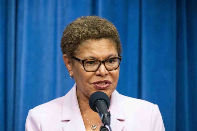 Los Angeles Mayor Karen Bass joins a press conference to announce joining a lawsuit against the federal government in response to immigration sweeps at Los Angeles City Hall on Tuesday, July 8, 2025. (Photo by Sarah Reingewirtz, Los Angeles Daily News/SCNG)