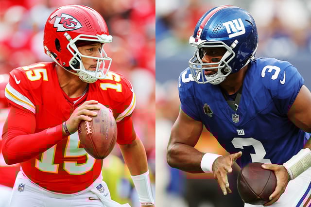 Patrick Mahomes of the Kansas City Chiefs and Russell Wilson of the New York Giants.