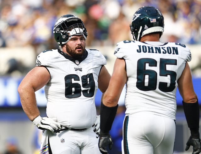 Landon Dickerson #69 and Lane Johnson #65 of the Philadelphia Eagles at SoFi Stadium on October 08, 2023 in Inglewood, California.