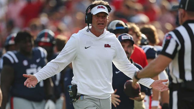 Sep 20, 2025; Oxford, Mississippi, USA; Mississippi Rebels head coach Lane Kiffin reacts toward an official during the third quarter against the Tulane Green Wave at Vaught-Hemingway Stadium. Mandatory Credit: Petre Thomas-Imagn Images