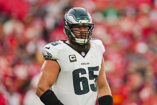 Sep 14, 2025; Kansas City, Missouri, USA; Philadelphia Eagles offensive tackle Lane Johnson (65) reacts during the second half against the Kansas City Chiefs at GEHA Field at Arrowhead Stadium. Mandatory Credit: Jay Biggerstaff-Imagn Images/File Photo