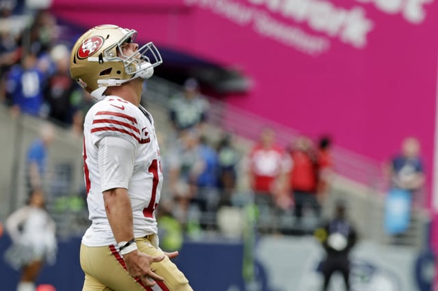 Sep 7, 2025; Seattle, Washington, USA; San Francisco 49ers quarterback Brock Purdy (13) celebrates after throwing a touchdown pass against the Seattle Seahawks during the fourth quarter at Lumen Field. Mandatory Credit: Joe Nicholson-Imagn Images/File Photo