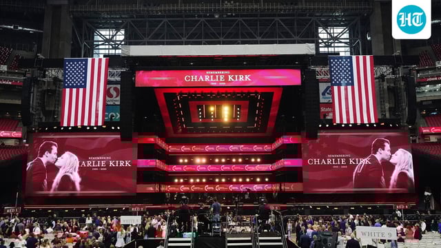 The stage is seen before the start of a memorial for conservative activist Charlie Kirk, Sunday, Sept. 21, 2025, at State Farm Stadium in Glendale, Ariz. (AP Photo/Ross D. Franklin)