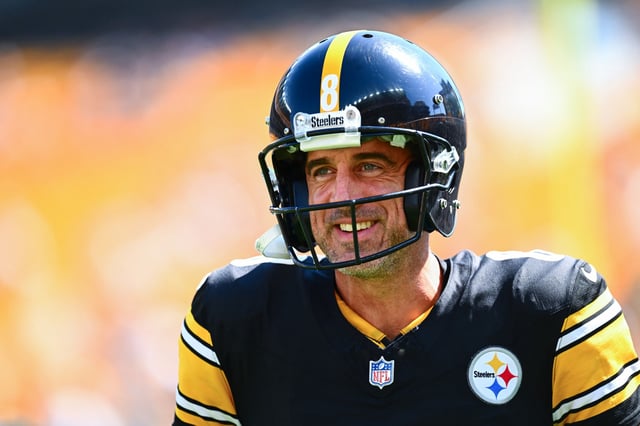 Aaron Rodgers #8 of the Pittsburgh Steelers warms up prior to a game against the Seattle Seahawks at Acrisure Stadium on September 14, 2025 in Pittsburgh, Pennsylvania.