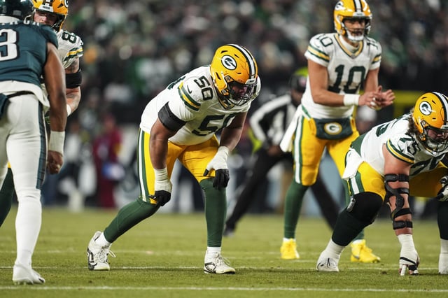 PHILADELPHIA, PA - JANUARY 12: Zach Tom #50 of the Green Bay Packers lines up before the snap during an NFL football wild card playoff game against the Philadelphia Eagles at Lincoln Financial Field on January 12, 2025 in Philadelphia, Pennsylvania.