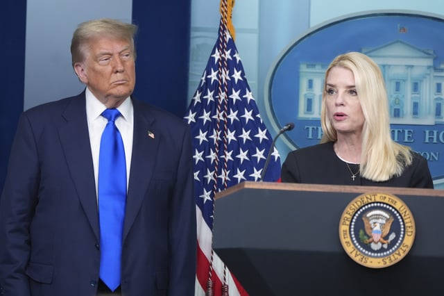 FILE - Attorney General Pam Bondi speaks to reporters as President Donald Trump listens, Friday, June 27, 2025, in the briefing room of the White House in Washington. (AP Photo/Jacquelyn Martin, File)