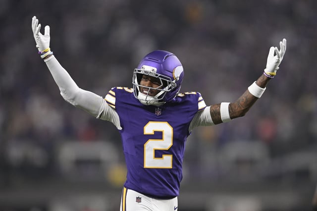 MINNEAPOLIS, MINNESOTA - SEPTEMBER 14: Isaiah Rodgers #2 of the Minnesota Vikings celebrates against the Atlanta Falcons during the first quarter in the game at U.S. Bank Stadium on September 14, 2025 in Minneapolis, Minnesota.