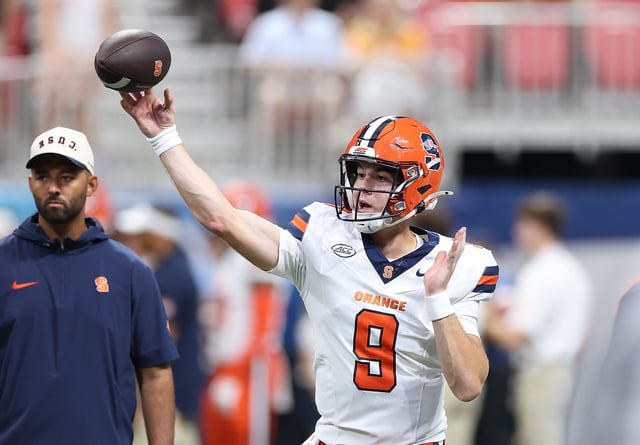 Steve Angeli #9 of the Syracuse Orange warms up prior to the 2025 Aflac Kickoff Game between the Syracuse Orange and the Tennessee Volunteers at Mercedes-Benz Stadium on August 30, 2025 in Atlanta, Georgia.