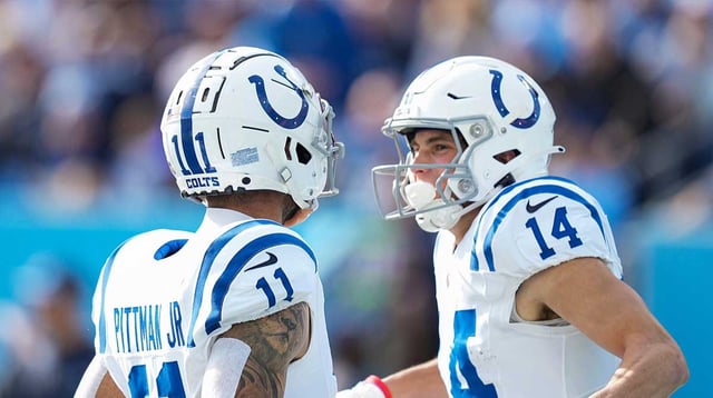 Indianapolis Colts wide receiver Michael Pittman Jr. (11) and wide receiver Alec Pierce (14) celebrate a touchdown by Pierce on Sunday, Dec. 3, 2023, during a game against the Tennessee Titans at Nissan Stadium in Nashville, Tenn.
