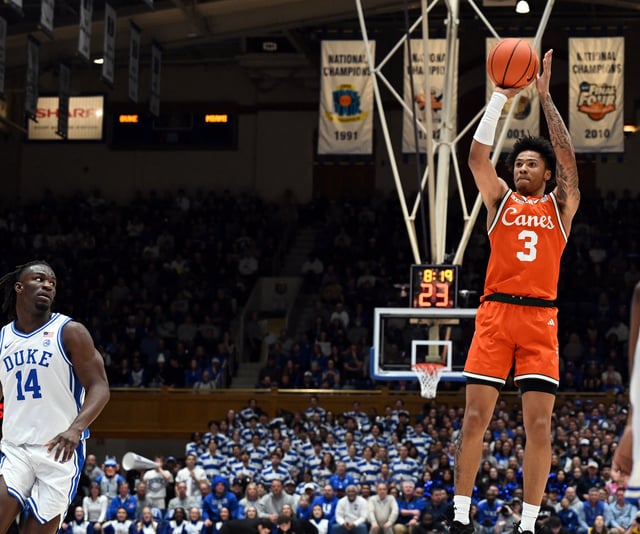 Jan 14, 2025; Durham, North Carolina, USA; Miami Hurricanes guard Jalil Bethea (3) shoots during the first half against the Duke Blue Devils at Cameron Indoor Stadium. Mandatory Credit: Rob Kinnan-Imagn Images/File Photo