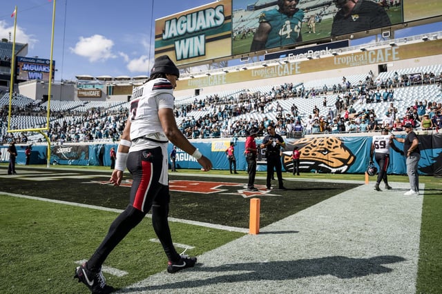 Houston Texans quarterback CJ. Stroud (7) walks off the field following a 17-10 loss to the  Jacksonville Jaguars in an NFL football game at Everbank Stadium in Jacksonvillew, Fla., Sunday, Sept. 21, 2025.