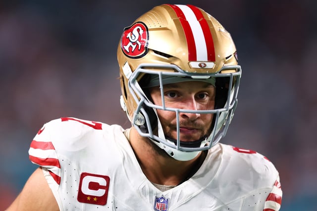 MIAMI GARDENS, FLORIDA - DECEMBER 22: Nick Bosa #97 of the San Francisco 49ers looks on against the Miami Dolphins during the second half of the game at Hard Rock Stadium on December 22, 2024 in Miami Gardens, Florida. Nick Bosa has exited the game with an apparent injury.