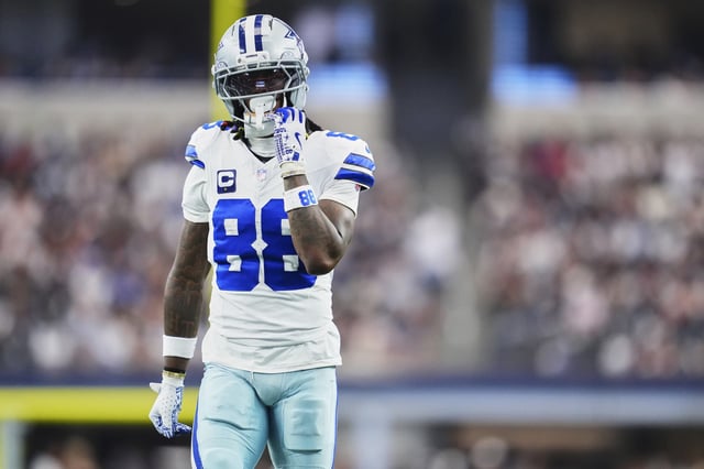 CeeDee Lamb #88 of the Dallas Cowboys lines up against the New York Giants during an NFL football game at AT&T Field on September 14, 2025 in Arlington, Texas.