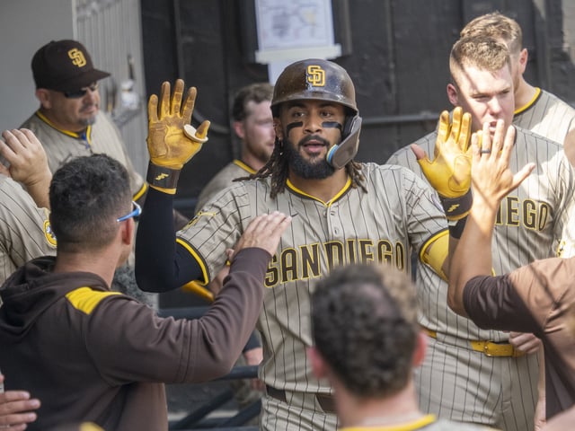 CHICAGO, IL – SEPTEMBER 21: San Diego Padres outfielder Fernando Tatis Jr. (23) celebrates after hitting a homer during a regular season MLB game between the San Diego Padres and the Chicago White Sox on September 21, 2025, at Rate Field  in Chicago, Illinois. (Photo by Joseph Weiser/Icon Sportswire via Getty Images)