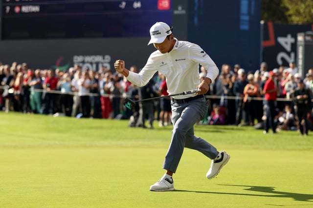 Michael Kim of the United States celebrates holing a par putt on the 18th green to set the clubhouse lead on day four of the FedEx Open de France 2025 at Golf de Saint-Nom-la-Breteche on September 21, 2025 in Paris, France.