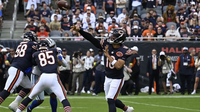 Sep 21, 2025; Chicago, Illinois, USA; Chicago Bears quarterback Caleb Williams (18) drops back to pass against the Dallas Cowboys during the first half at Soldier Field. Mandatory Credit: Matt Marton-Imagn Images