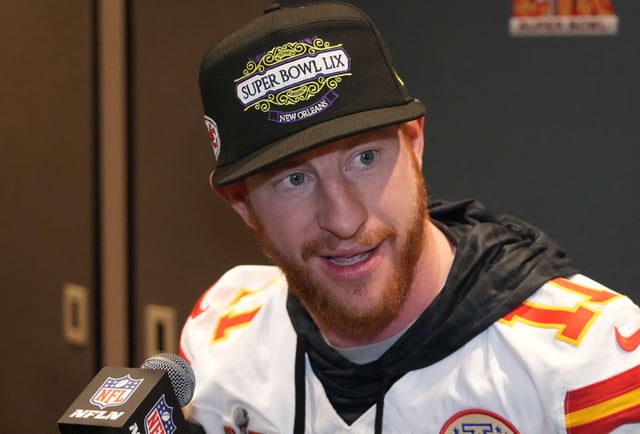 Feb 5, 2025; New Orleans, LA, USA;  Kansas City Chiefs quarterback Carson Wentz (11) in a press conference ahead of Super Bowl LIX at New Orleans Marriott. Mandatory Credit: Kirby Lee-Imagn Images/File Photo