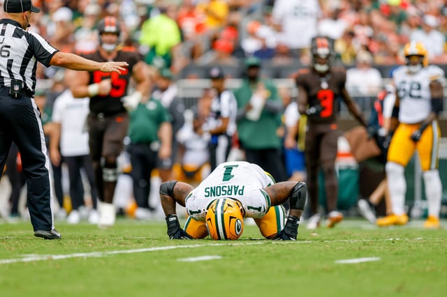 Micah Parsons #1 of the Green Bay Packers reacts in the third quarter during the NFL 2025 game against the Cleveland Browns at Huntington Bank Field on September 21, 2025 in Cleveland, Ohio.