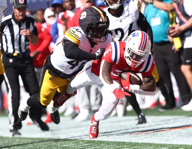 Foxboro, MA - New England Patriots wide receiver Demario Douglas is pushed out of bounds by Pittsburgh Steelers’s Jabrill Peppers during the second quarter of the game at Gillette Stadium. (Nancy Lane/Boston Herald)