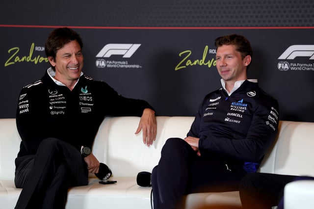 Toto Wolff, Executive Director of Mercedes AMG Petronas F1 Team and James Vowles, Team Principal of Williams in the Team Principals Press Conference during practice ahead of the F1 Grand Prix of Netherlands at Circuit Zandvoort on August 29, 2025 in Zandvoort, Netherlands.