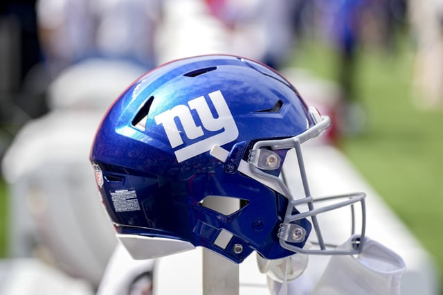 A detail of a New York Giants helmet and logo during the game against the Cleveland Browns at Huntington Bank Field on September 22, 2024 in Cleveland, Ohio.