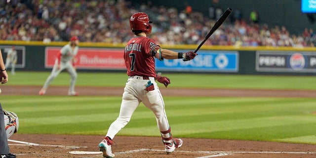 Sep 21, 2025; Phoenix, Arizona, USA; Arizona Diamondbacks outfielder Corbin Carroll (7) reacts after hitting a home run in the second inning against the Philadelphia Phillies at Chase Field. Mandatory Credit: Allan Henry-Imagn Images