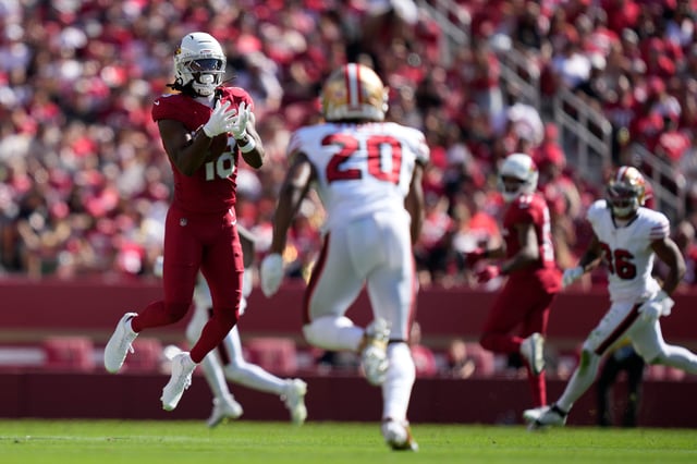 Arizona Cardinals wide receiver Marvin Harrison Jr. (18) drops the pass as San Francisco 49ers cornerback Upton Stout (20) defends during the second half at Levi's Stadium in Santa Clara, California, on Sept. 21, 2025.