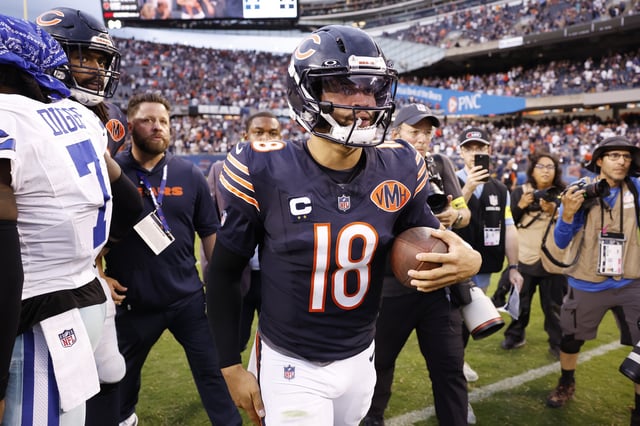 CHICAGO, ILLINOIS – SEPTEMBER 21: Caleb Williams #18 of the Chicago Bears looks on after the game against the Dallas Cowboys at Soldier Field on September 21, 2025 in Chicago, Illinois. (Photo by Michael Reaves/Getty Images)
