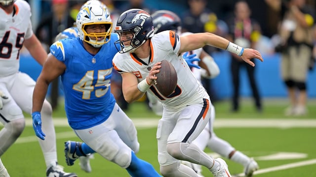 Denver Broncos quarterback Bo Nix (10) is pressured by Los Angeles Chargers linebacker Tuli Tuipulotu (45) in the second half SoFi Stadium. Mandatory Credit: Jayne Kamin-Oncea-Imagn Images