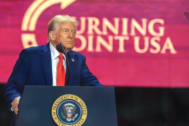 U.S. President Donald Trump speaks during the memorial service for political activist Charlie Kirk at State Farm Stadium on September 21, 2025 in Glendale, Arizona.