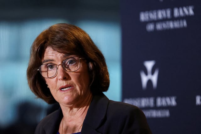 Governor of the Reserve Bank of Australia Michele Bullock attends the monetary policy decision media conference, in Sydney, Australia, April 1, 2025. REUTERS/Hollie Adams/File Photo