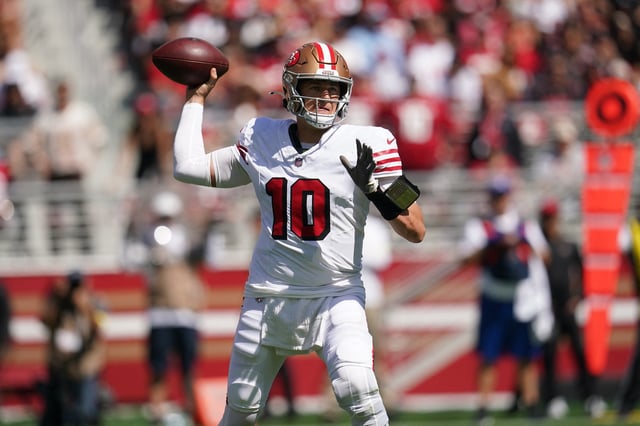 Sep 21, 2025; Santa Clara, California, USA; San Francisco 49ers quarterback Mac Jones (10) throws the ball against the Arizona Cardinals during the first half at Levi's Stadium. Mandatory Credit: Cary Edmondson-Imagn Images