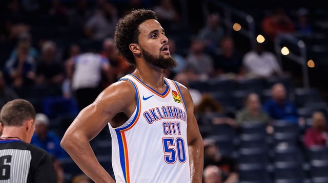 Oct 9, 2023; Oklahoma City, Oklahoma, USA; Oklahoma City Thunder forward Jeremiah Robinson-Earl (50) during the game against the San Antonio Spurs at Paycom Center. Mandatory Credit: Rob Ferguson-Imagn Images