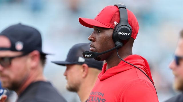 Sep 21, 2025; Jacksonville, Florida, USA; Houston Texans head coach DeMeco Ryans looks on during the first quarter against the Jacksonville Jaguars at EverBank Stadium. Mandatory Credit: Morgan Tencza-Imagn Images